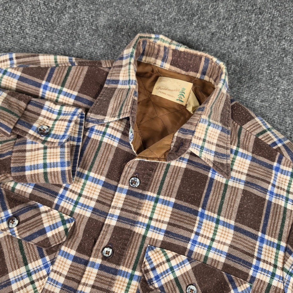 Vintage Fieldmaster Flannel Shirt Jacket Mens L Brown Plaid Quilted Perma-Prest